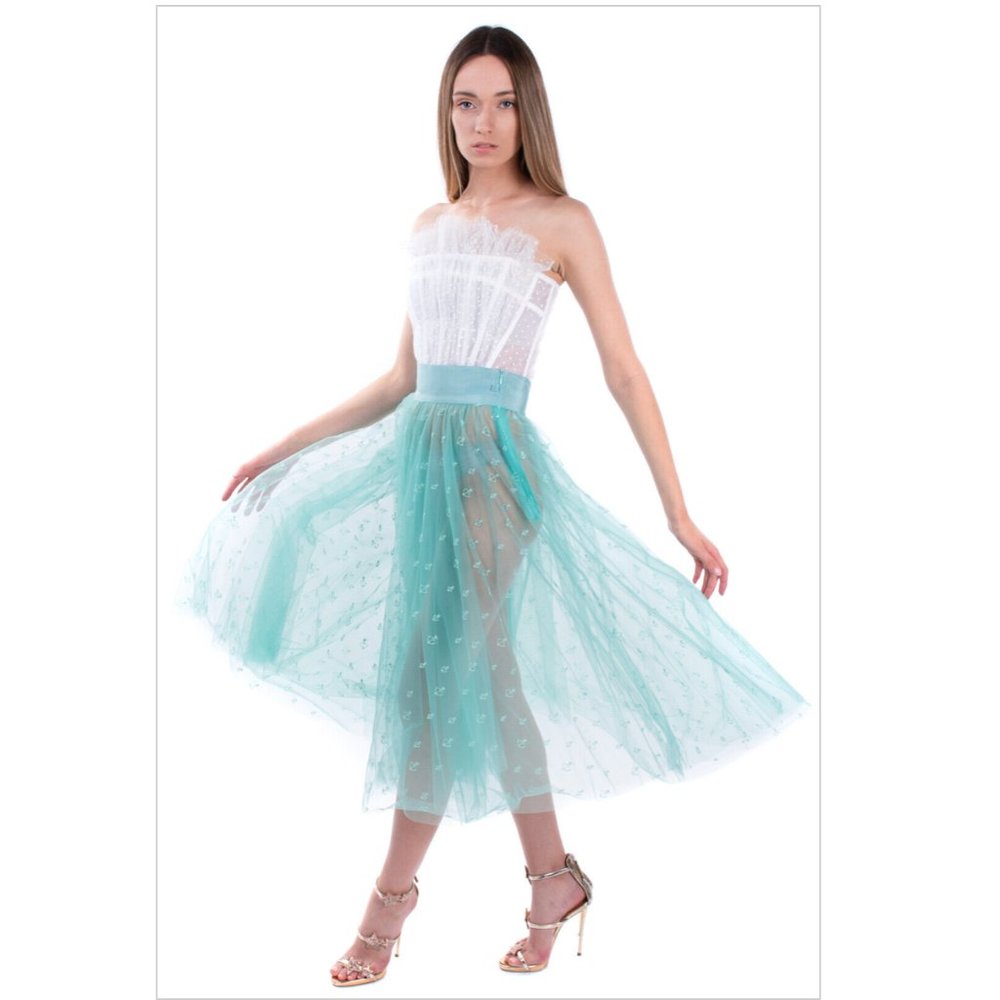 ELISABETTA FRANCHI Tulle Flare Skirt Size IT 42 / M Embroidered Anchor